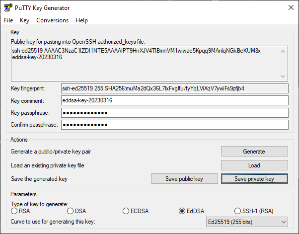 Main window of PuTTYgen once a key has been generated