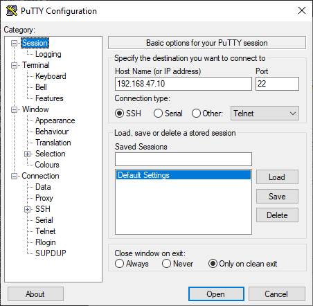 Main window of PuTTY
